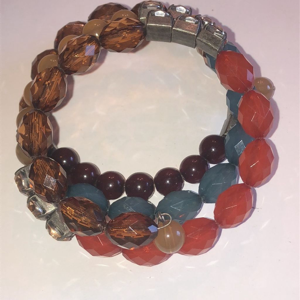 Boho Beaded Neutral Tone Brown Blue & Orange Beads Wrap Bracelet - Picture 6 of 6